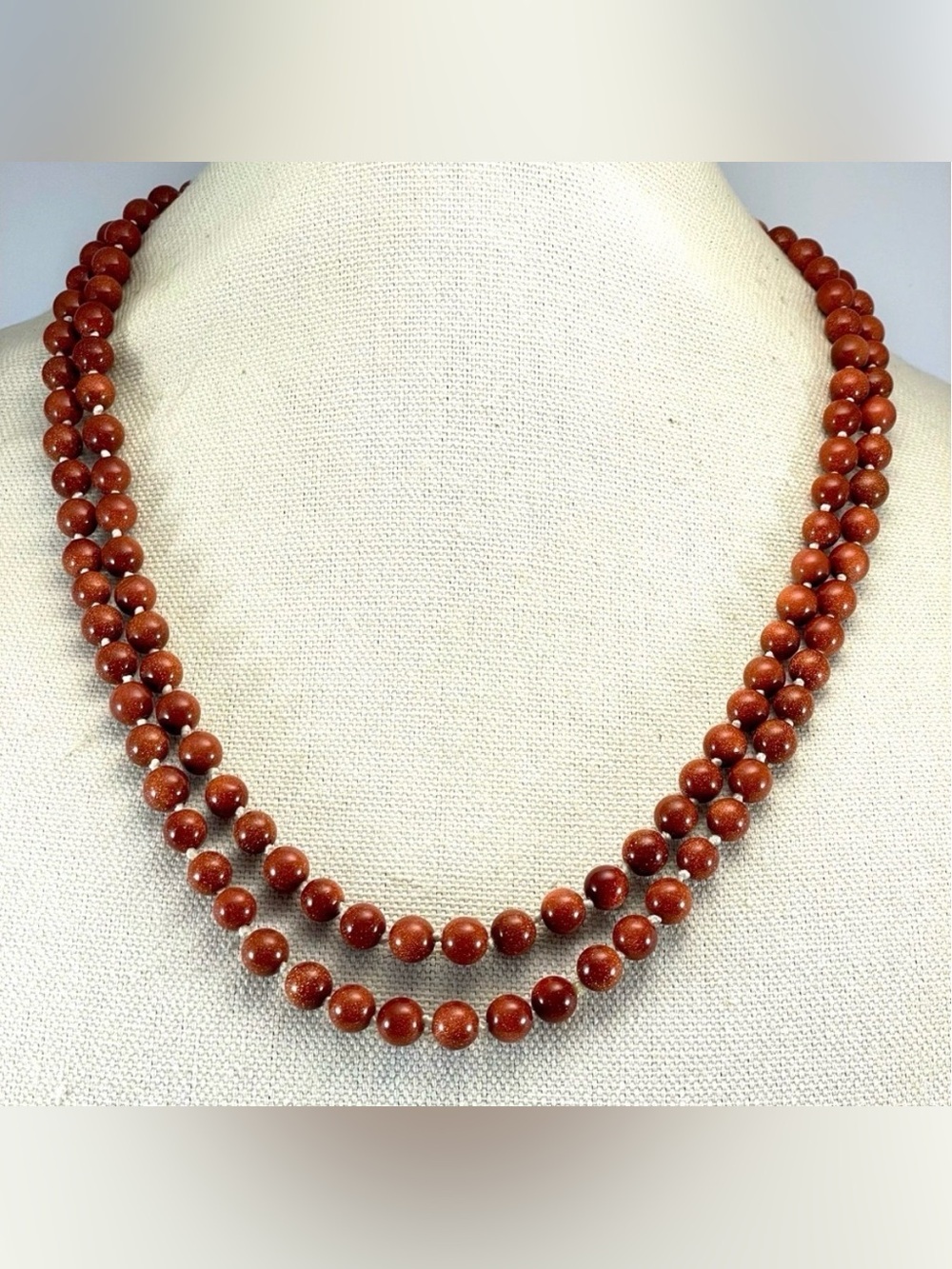 Stunning Unsigned Goldstone Round Beaded Knotted Single Strand Necklace